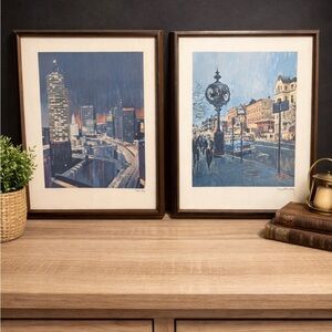 MCM atomic art Framed Cityscape Art Prints - Set of 2